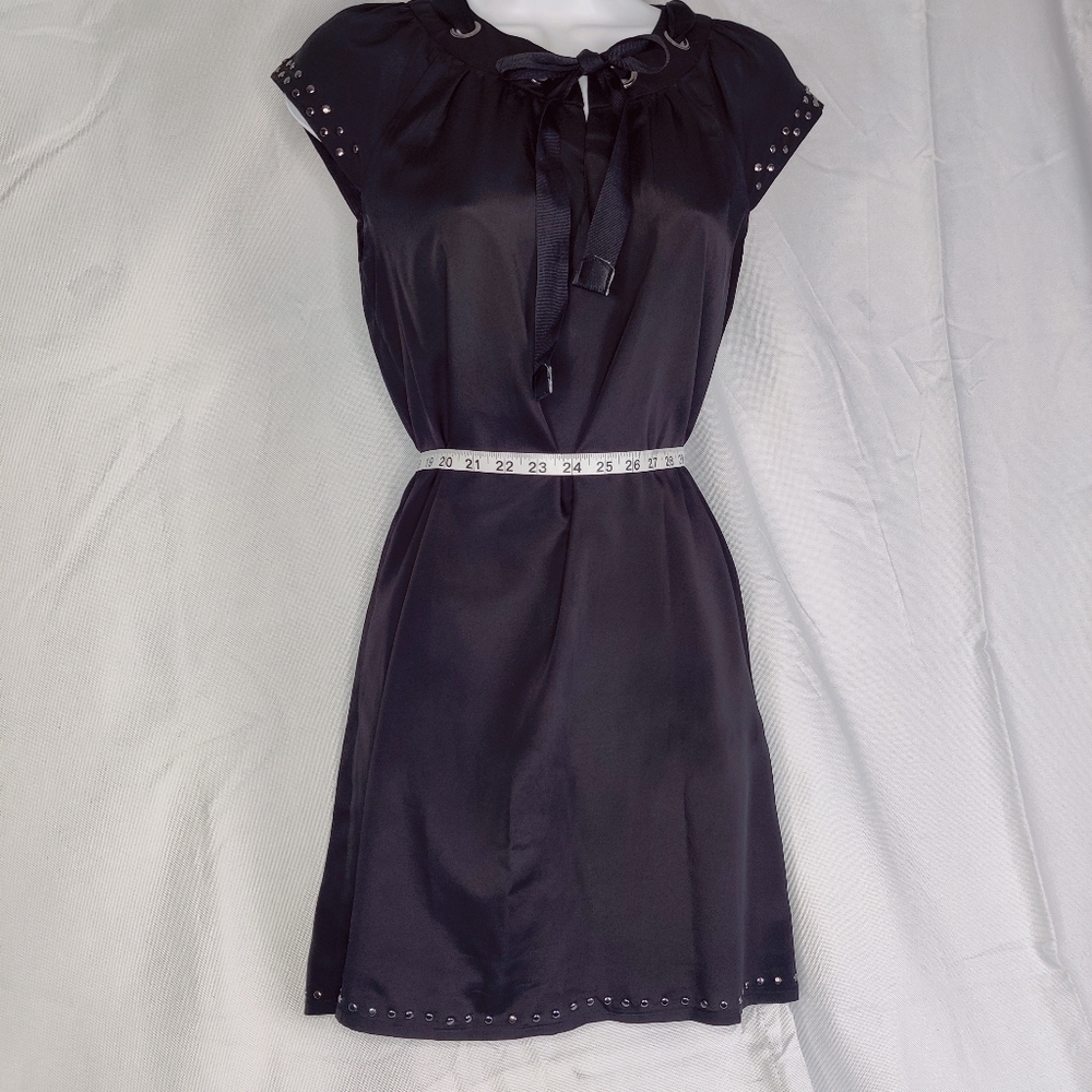 Staccato Black Silky Dress Cap Sleeve Above Knee Laced Tie Bow Collar Studs - Picture 16 of 16